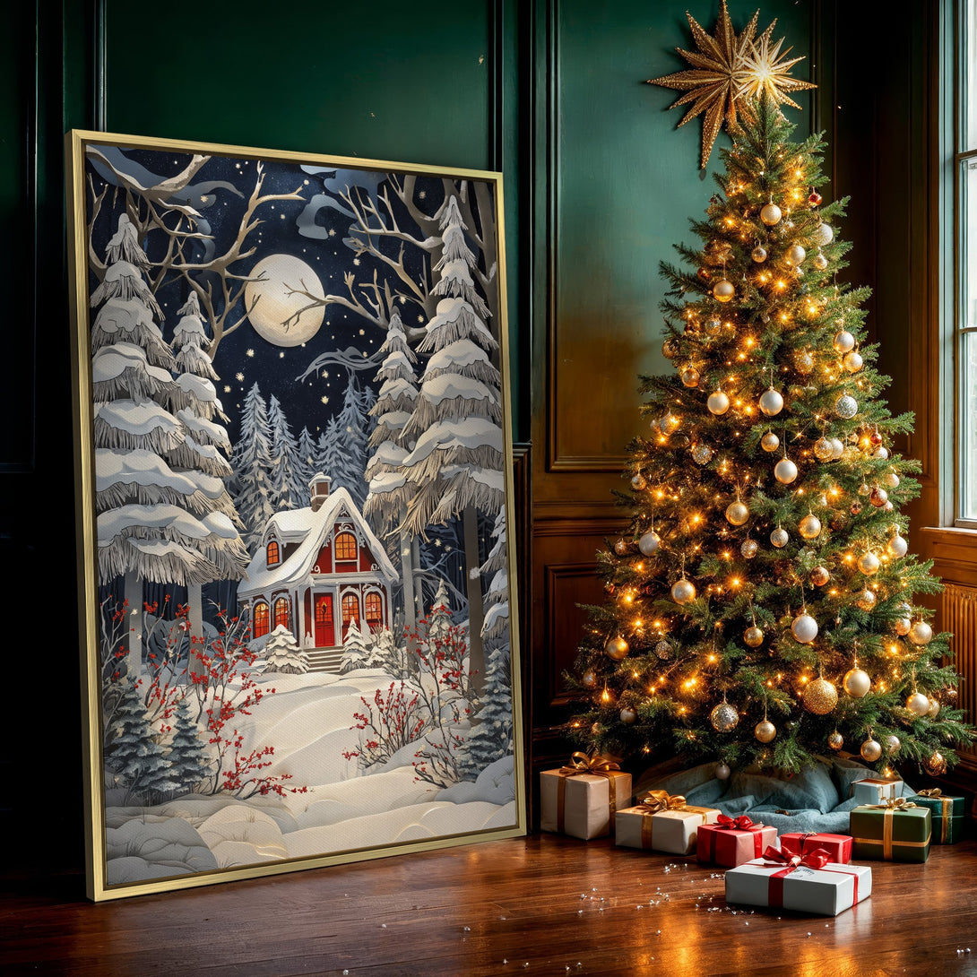 Canvas Print of a cozy winter cabin scene. Whimsical style, snowy forest, and a warm red and blue color palette. Perfect winter wall art!