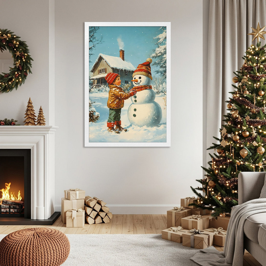 Framed Poster of a child building a snowman in a winter scene. Vintage style, blue and red color palette. Perfect Christmas decor!