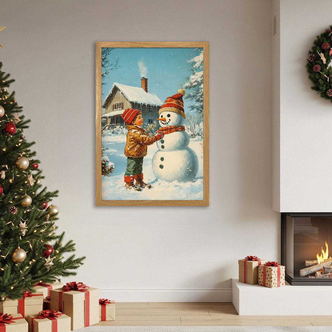 Framed Poster featuring a vintage-style winter scene with a boy building a snowman. Warm, nostalgic colors perfect for holiday decor.
