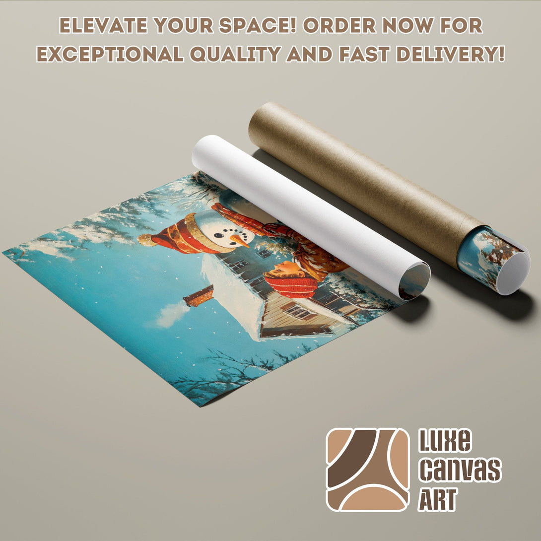 Winter scene Poster Roll, blue and brown color palette, whimsical style, featuring a snowman.