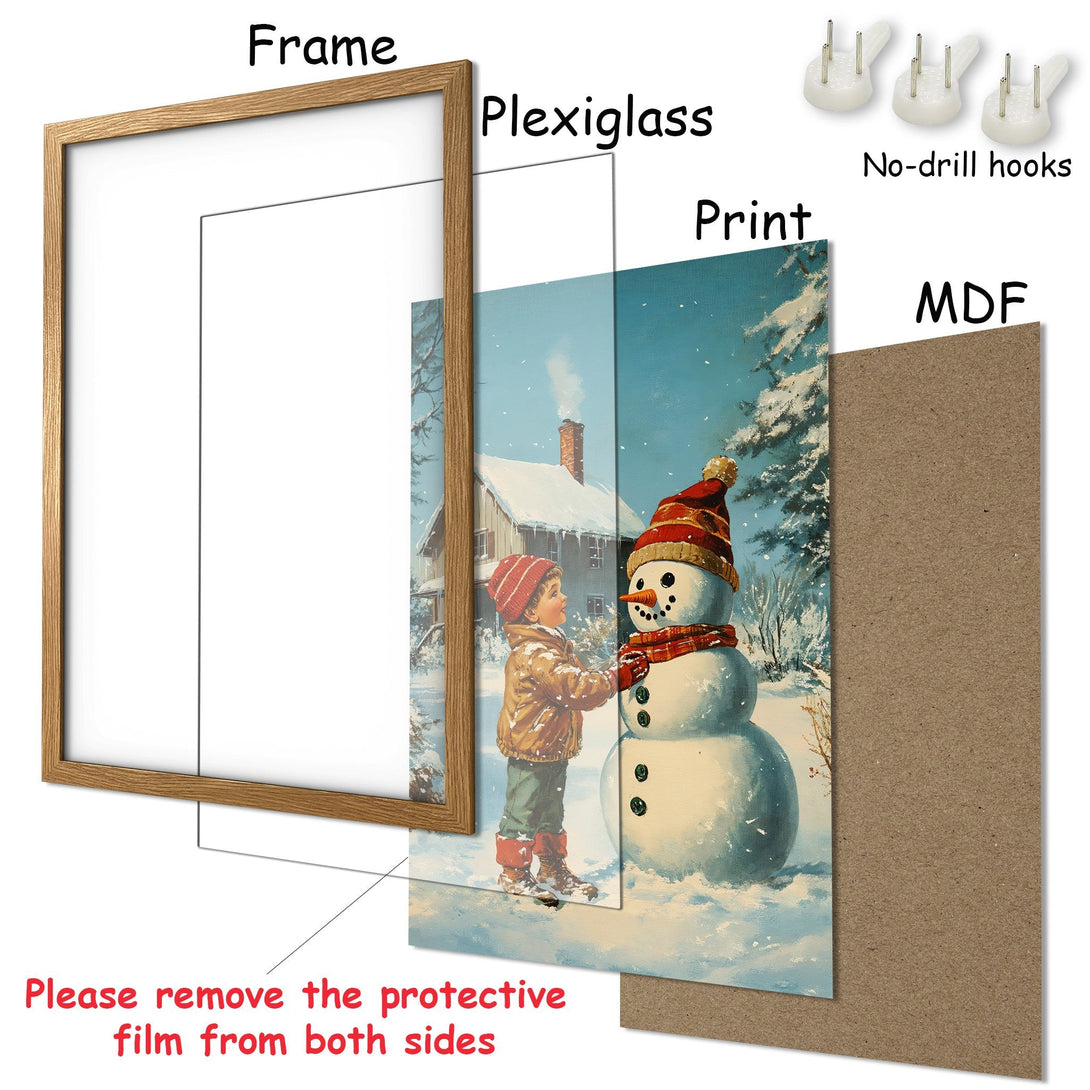 Framed Poster featuring a winter scene with a child and snowman, warm colors, perfect for holiday decor.
