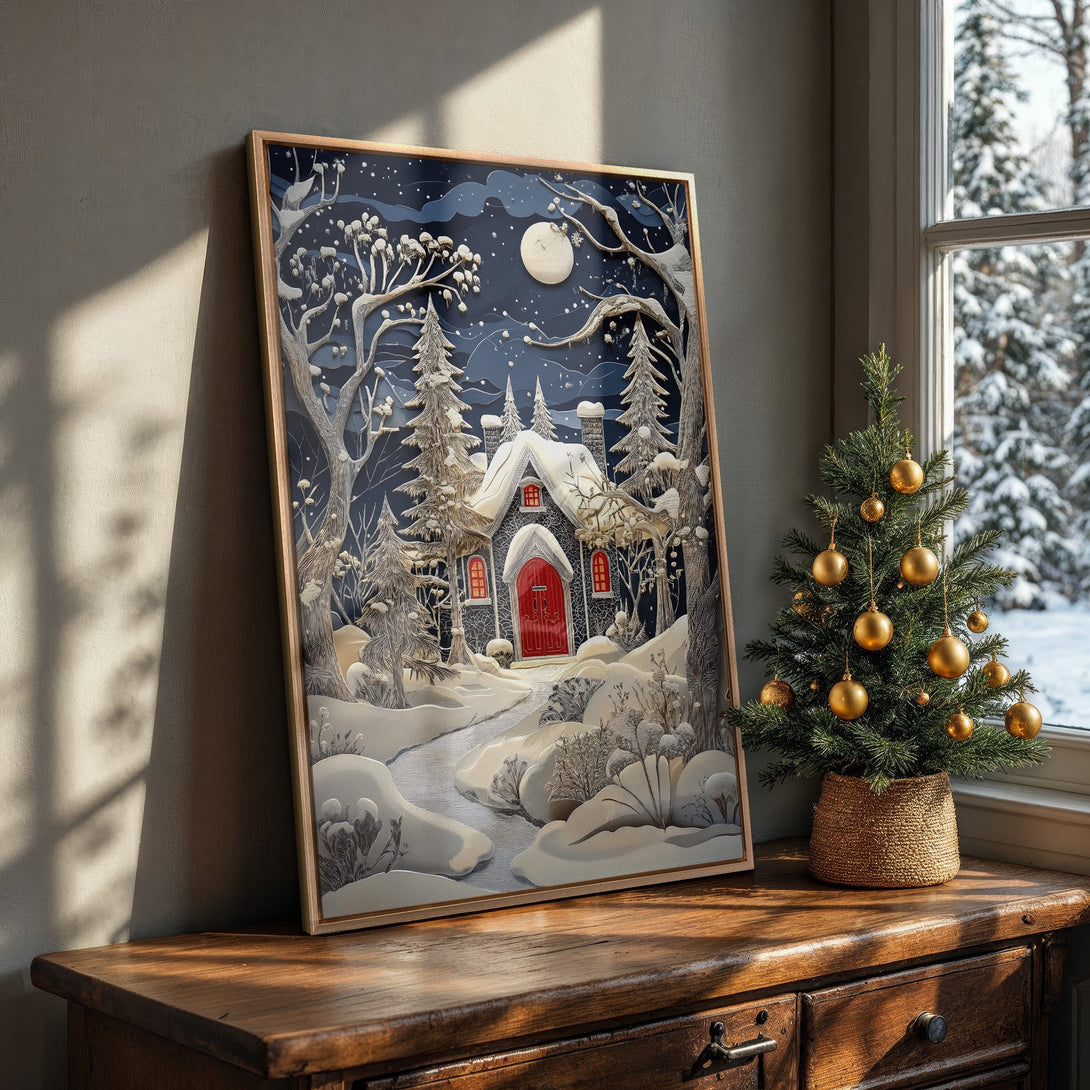 Framed Wall Art: Winter scene canvas print with a cozy house in a snowy forest, featuring a blue and white color palette. Perfect for holiday decor!