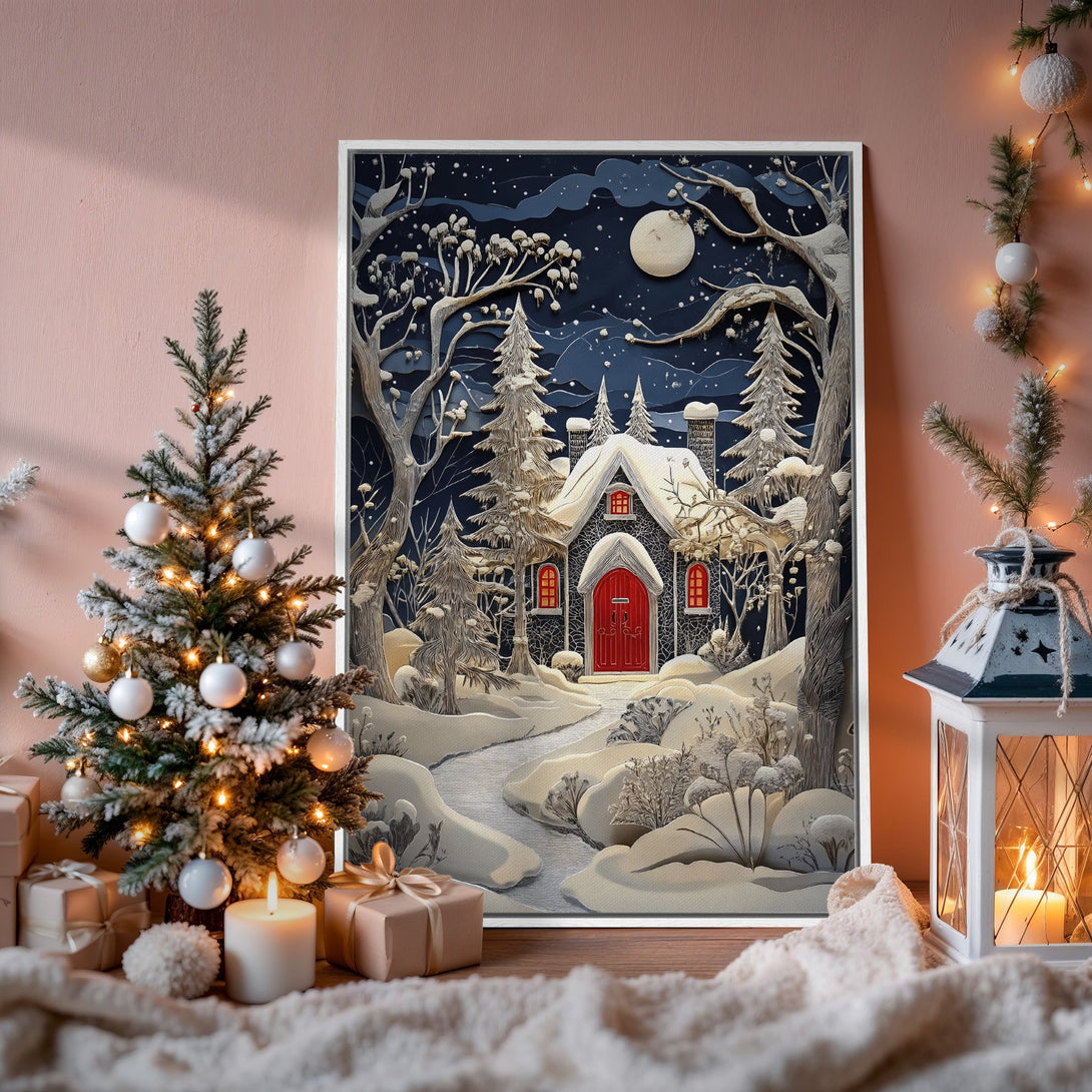 Framed Wall Art of a winter scene with a cozy cottage in a blue and white color palette. Perfect for holiday decor!
