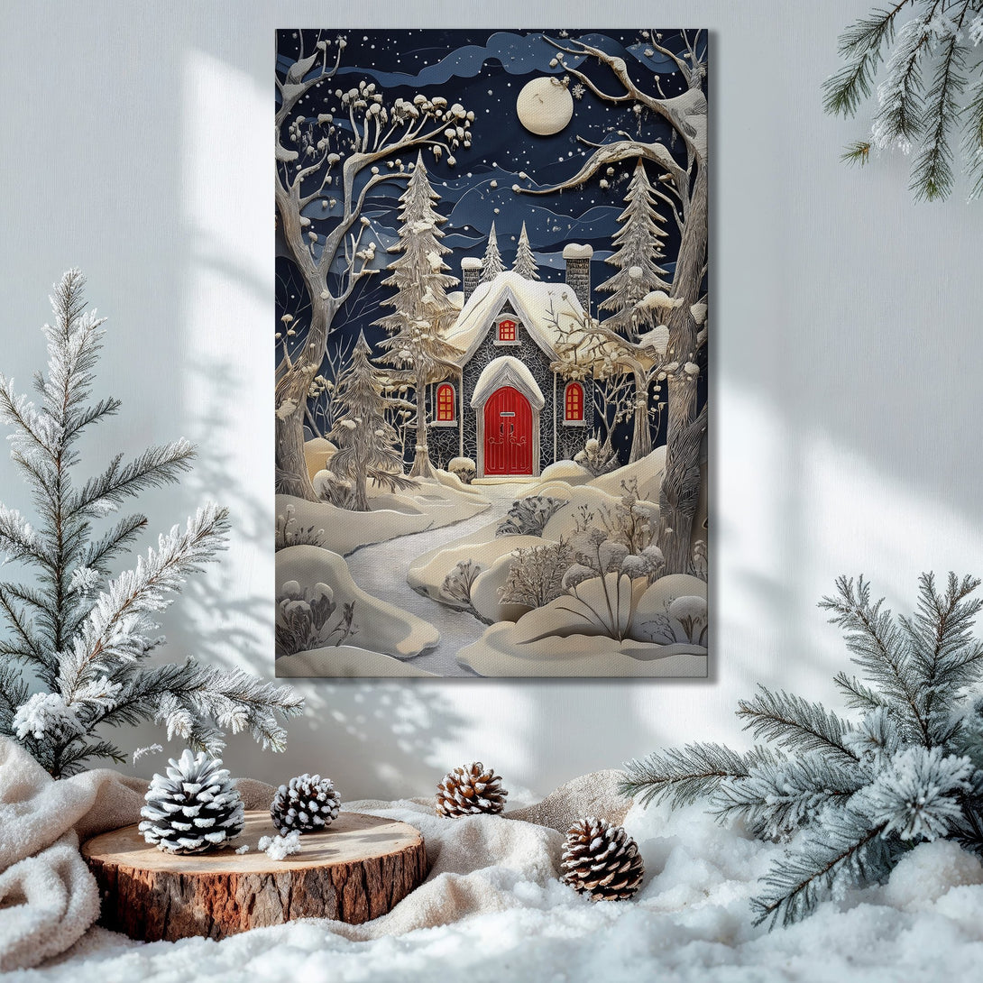 Framed Wall Art: Winter scene Canvas Print with a snowy cottage in a whimsical style, featuring a blue, white, and red color palette.