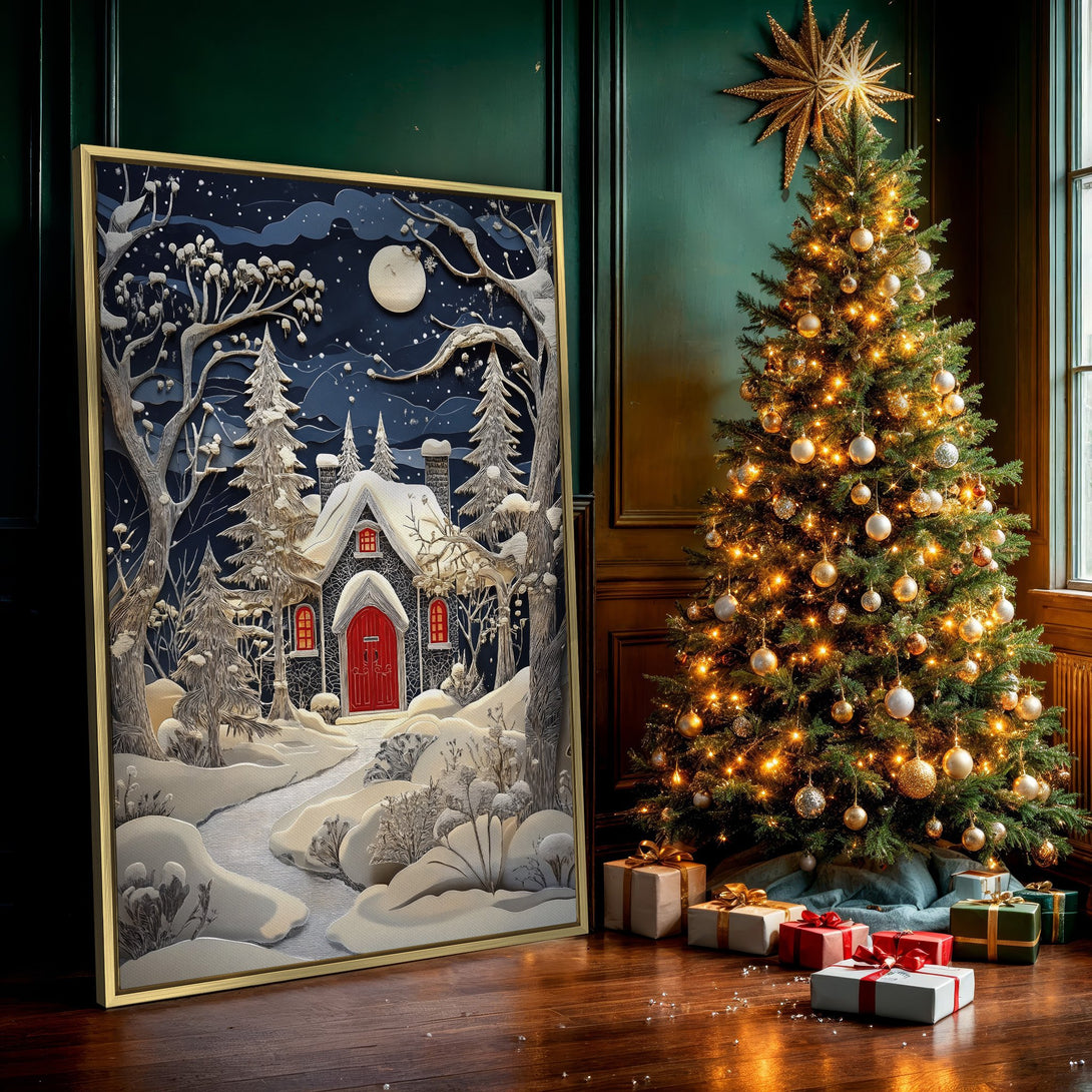 Canvas Print of a winter cabin scene. Artistic style with a blue, white, and red color palette. Perfect for cozy home decor.