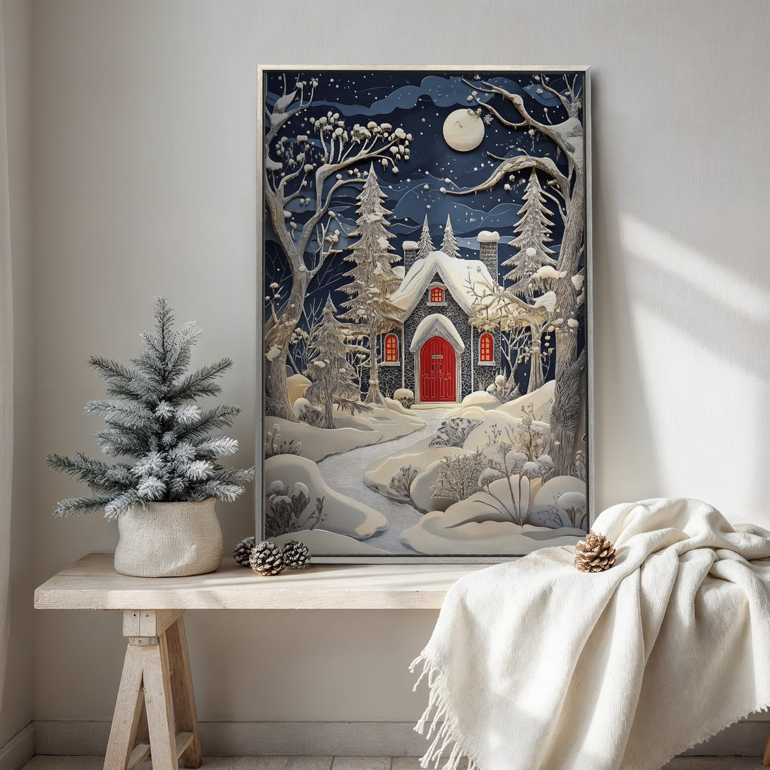 Framed Wall Art of a winter cabin scene in a paper-cut style, featuring a blue and white color palette with pops of red. Perfect for cozy home decor.