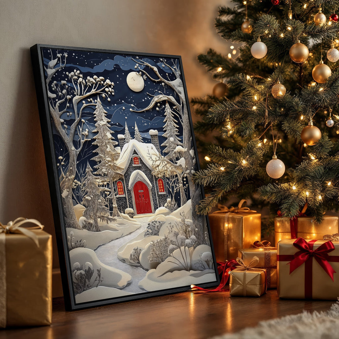 Framed Wall Art featuring a winter scene with a snowy cottage. Beautiful blue, white, and red color palette. Perfect Christmas decor!