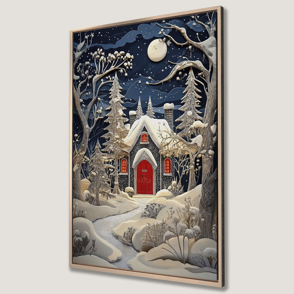 Framed Wall Art: Winter cabin scene in a whimsical, paper-cut style. Features a snowy landscape with a red-doored cabin, set against a dark blue and neutral color palette.