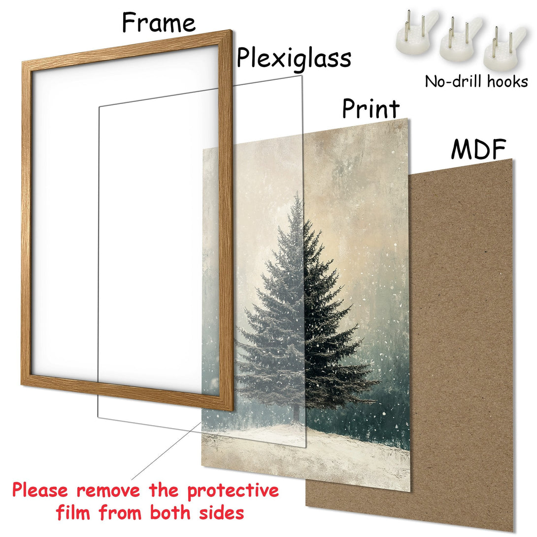 Framed Poster featuring a serene winter scene with a pine tree, in a muted, earthy color palette. Perfect wall art for your home!