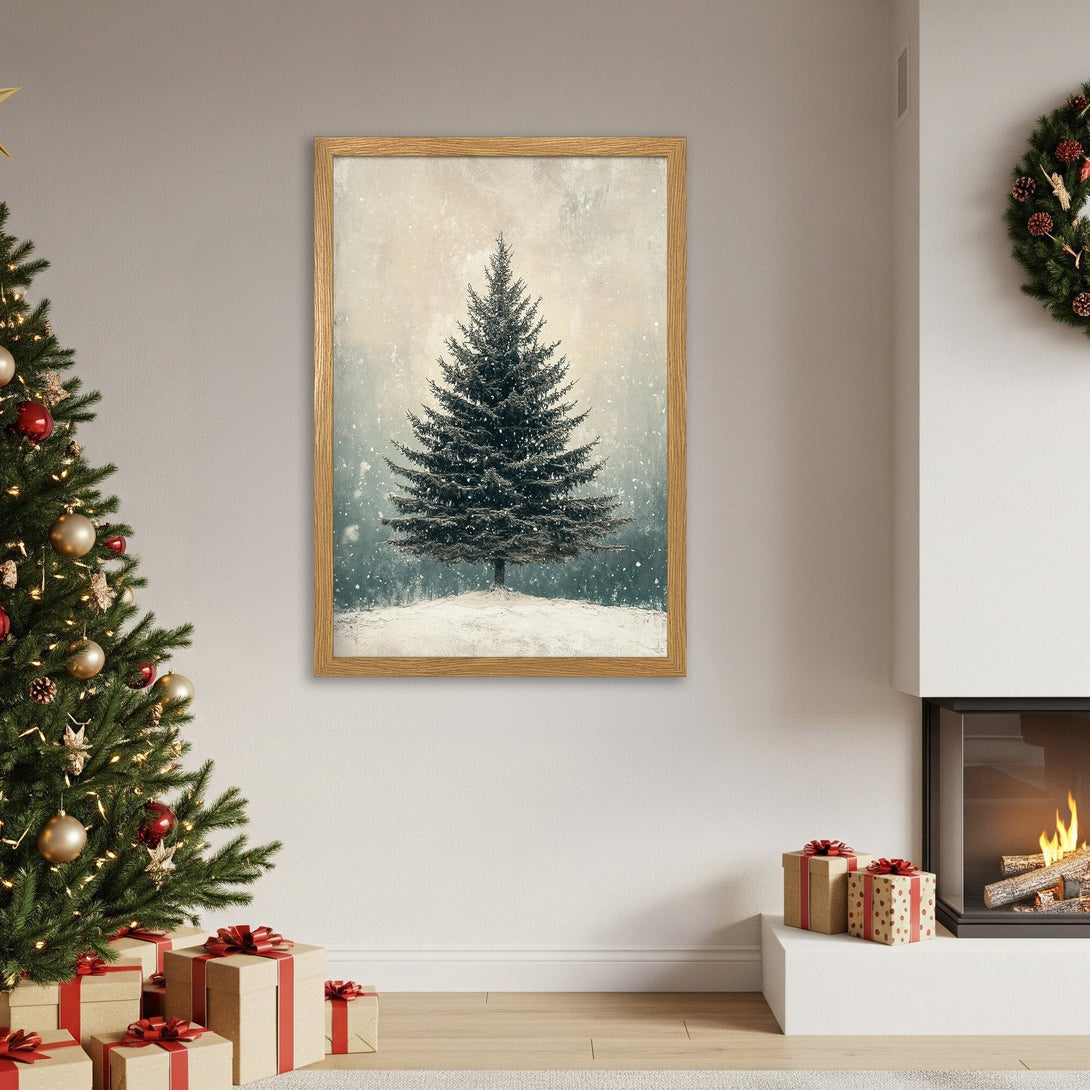 Framed Poster featuring a winter tree scene. Vintage style with a muted blue and beige color palette. Perfect Christmas decor.