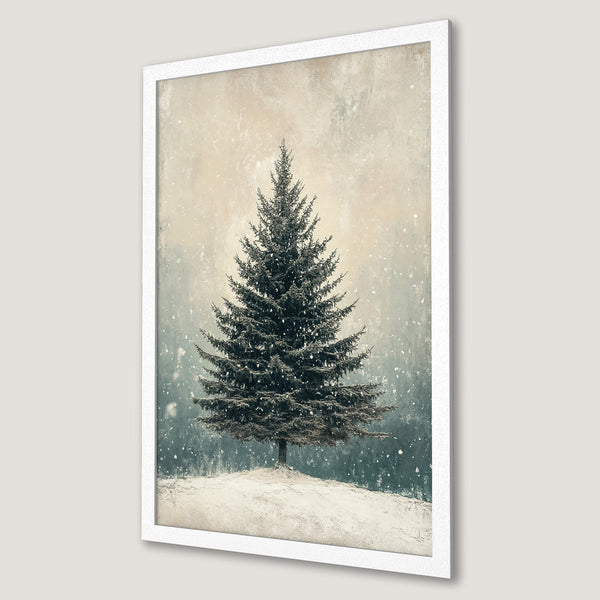 Framed Poster featuring a winter scene with a pine tree. Rustic style with a muted, cool color palette. Perfect for cozy decor.