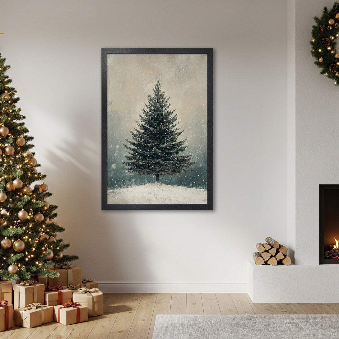 Framed Poster featuring a wintery pine tree art print. Neutral color palette, perfect for holiday decor. Add cozy vibes to your space!