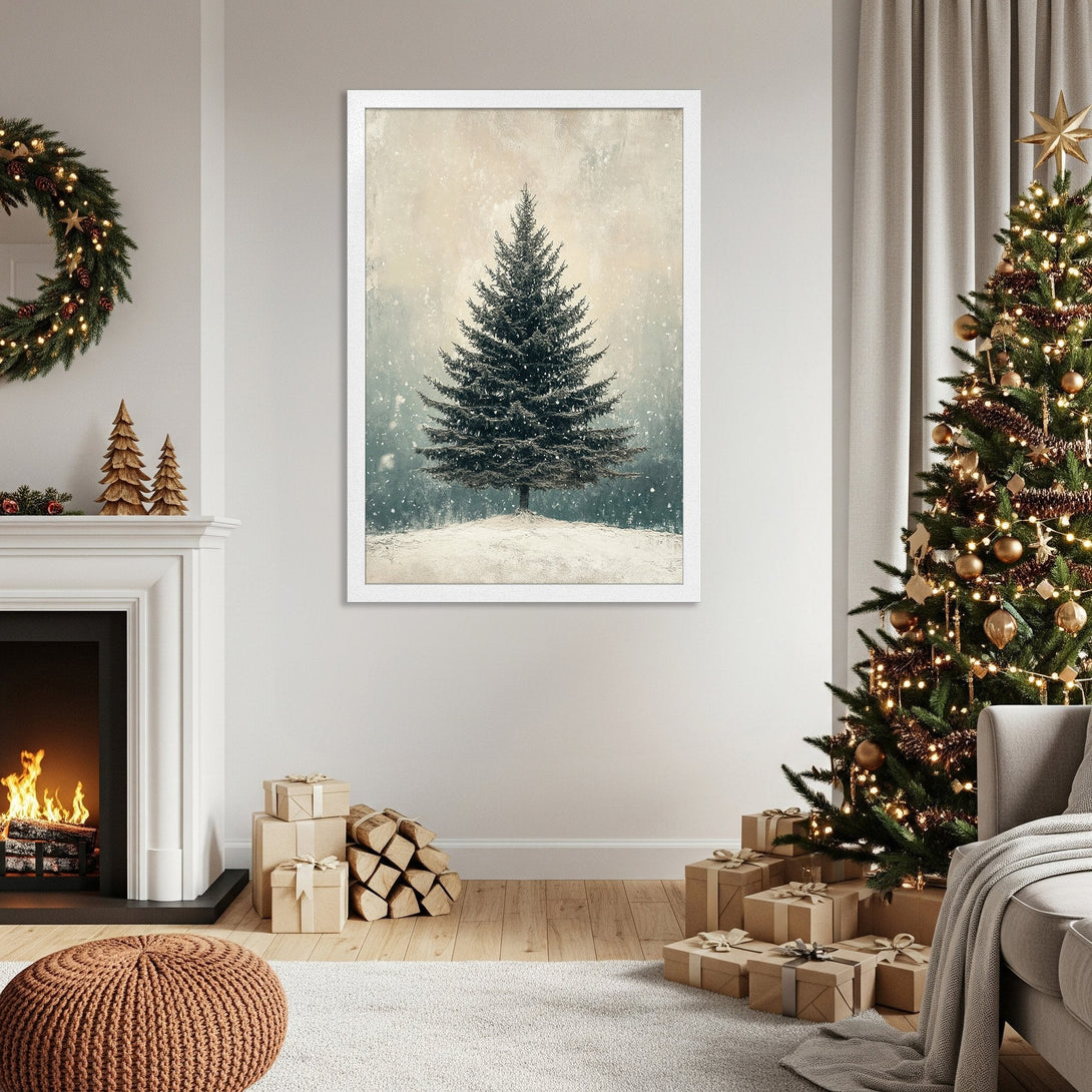 Framed Poster featuring a winter tree art print. Neutral color palette with a vintage style, perfect for holiday decor.