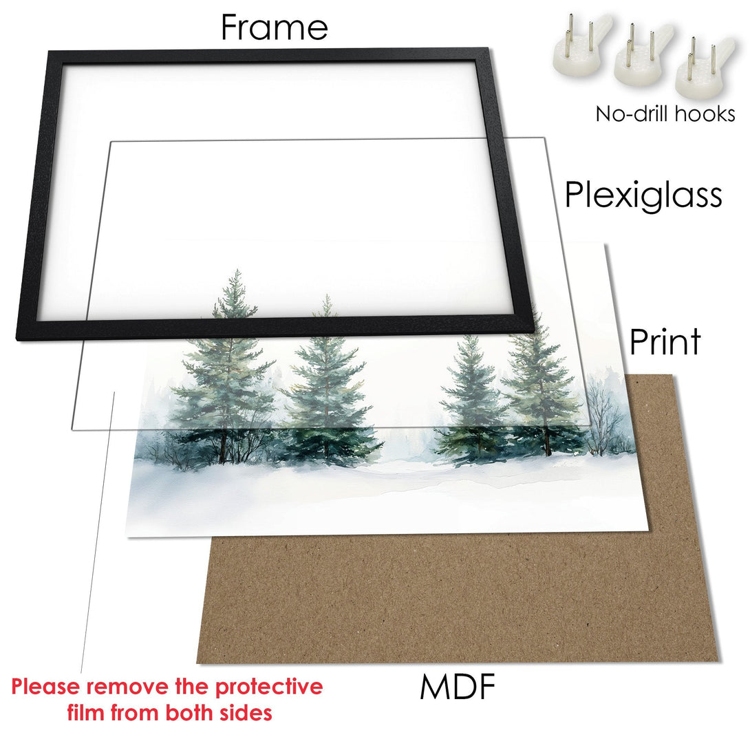 Framed Poster featuring a watercolor winter forest scene with a cool, muted color palette. Perfect wall art!