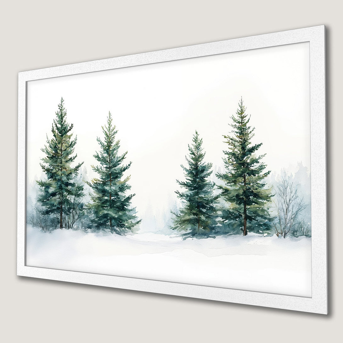 Framed Poster of a winter forest scene in watercolor style, featuring evergreen trees. Soft green and blue color palette, perfect for home decor.