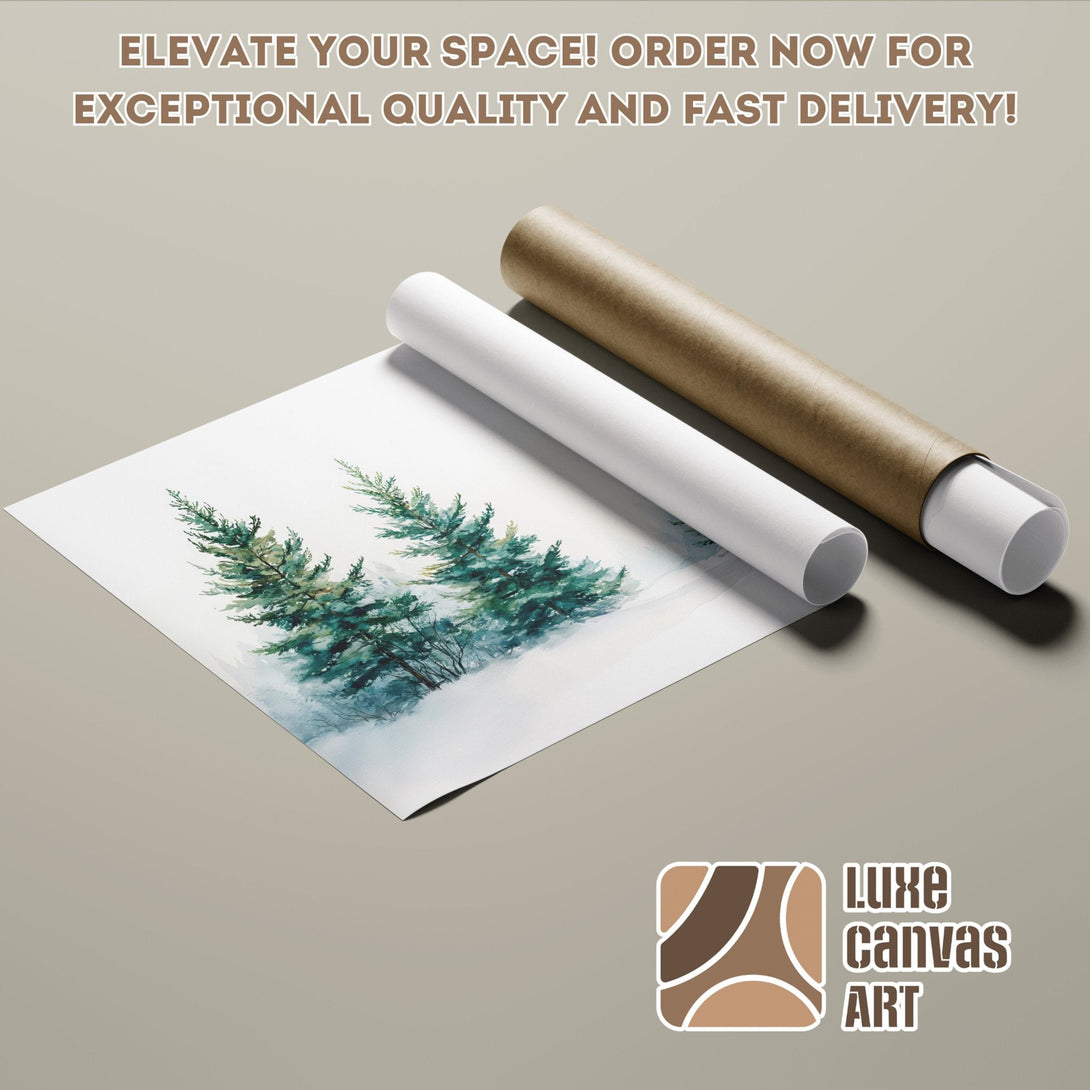Poster Roll of Watercolor Pine Trees. Serene art in teal and white tones. Elevate your space!