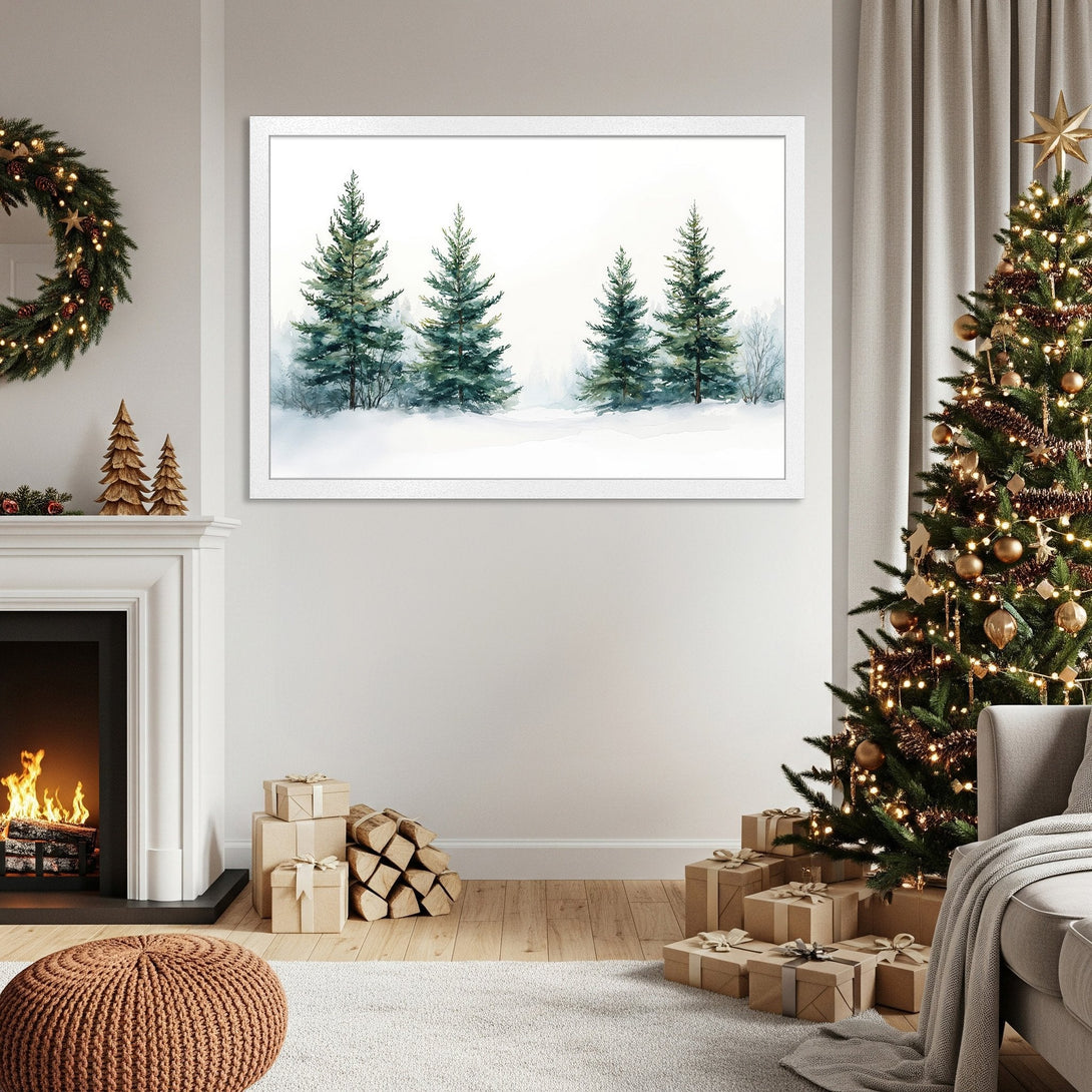 Framed Poster featuring watercolor evergreen trees, serene winter landscape, soft green & white palette. Perfect holiday decor.