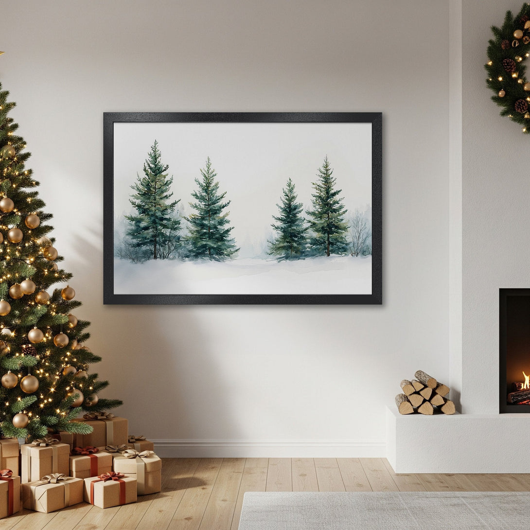 Framed Poster featuring watercolor evergreen trees in a snowy landscape. Serene style with a muted green and white color palette. Perfect winter decor.