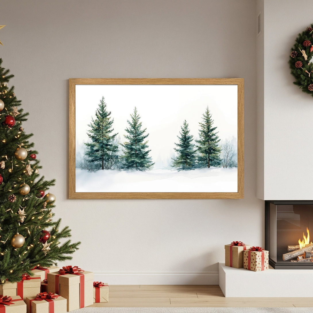 Framed Poster featuring watercolor pine trees in a winter landscape. Serene, blue-green and white color palette, perfect for holiday decor.