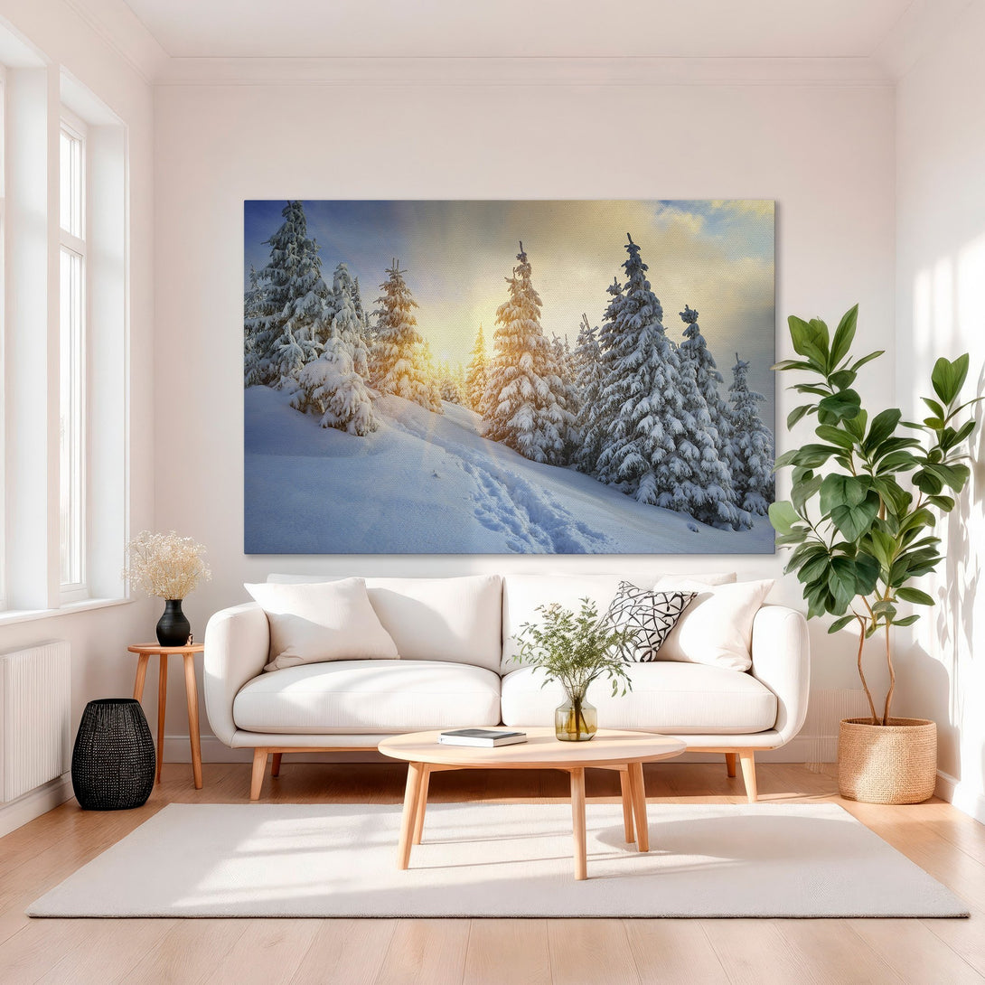 Framed Wall Art: Winter forest scene in gold frame. Snowy landscape with blue and gold hues. Perfect for adding a touch of nature to your home decor.