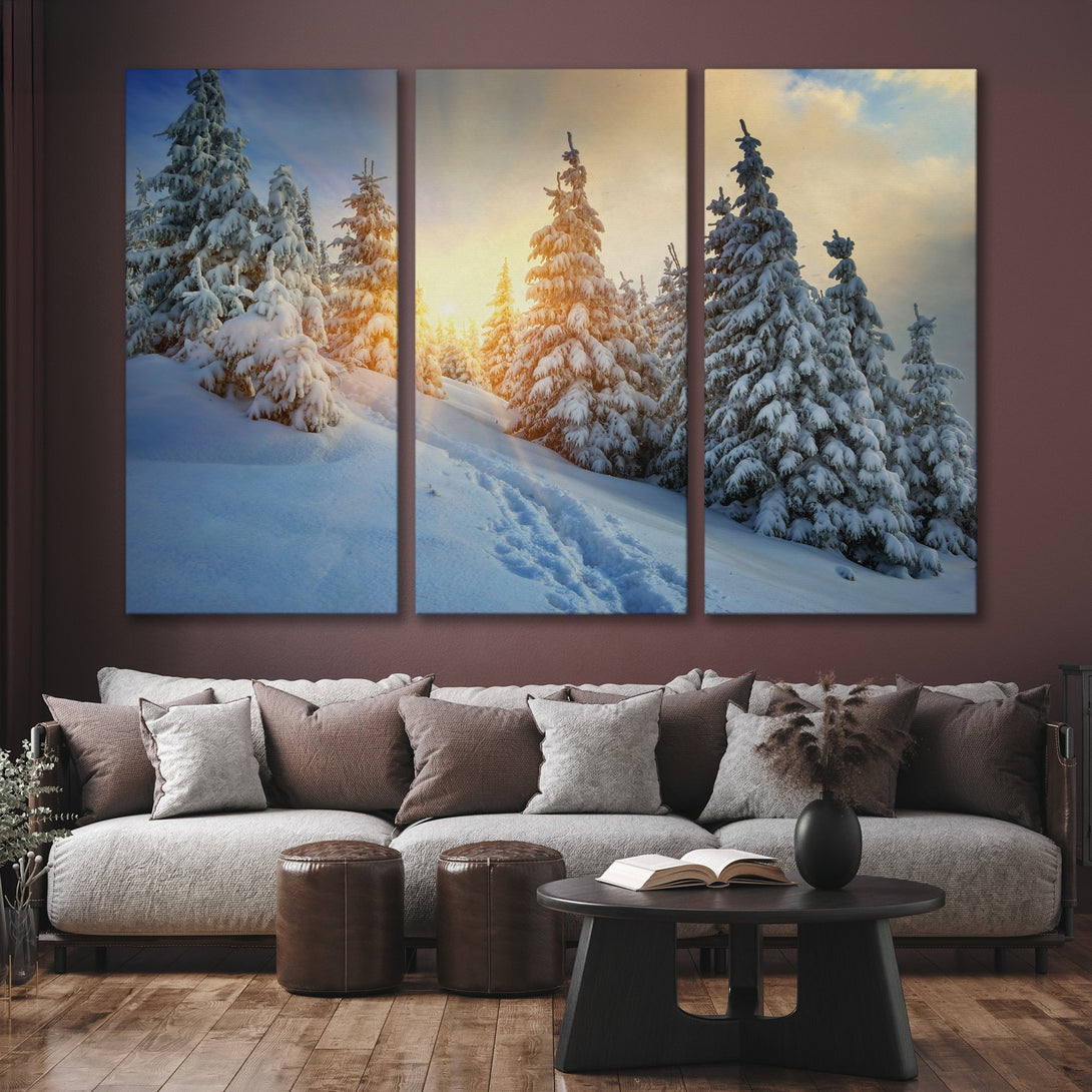Canvas Print of a snowy winter forest scene with a warm, golden light. Blue, white, and gold color palette. Perfect wall art for any home.
