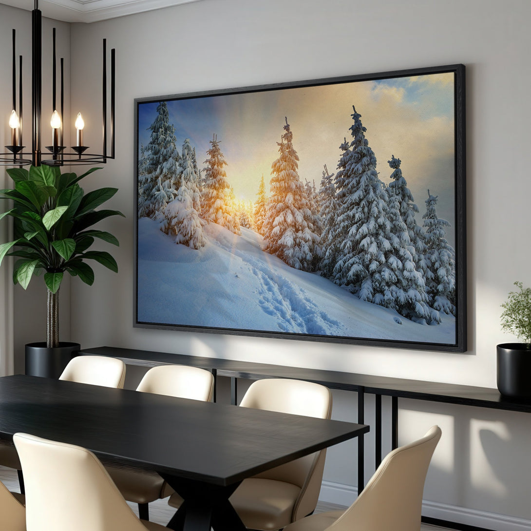 Framed Wall Art: Winter landscape Canvas Print with snowy trees, warm sunset hues. Bring the beauty of nature into your home!