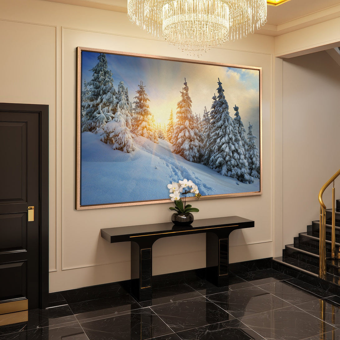 Framed Wall Art: Winter landscape canvas print with snow-covered trees in a warm color palette. Adds elegance to any space.
