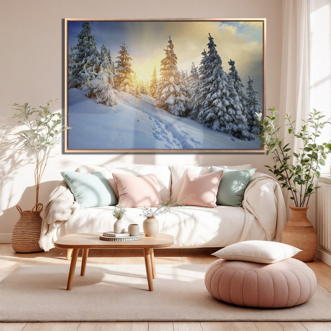 Framed Wall Art: Stunning winter landscape Canvas Print with snow-covered trees, warm golden light, and a serene, inviting color palette. Perfect home decor!