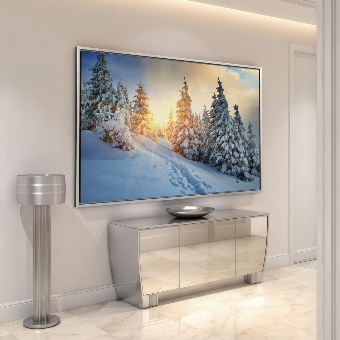 Framed Wall Art: Winter landscape Canvas Print with snowy trees, warm sunset colors. Perfect for adding a touch of nature to your home decor.