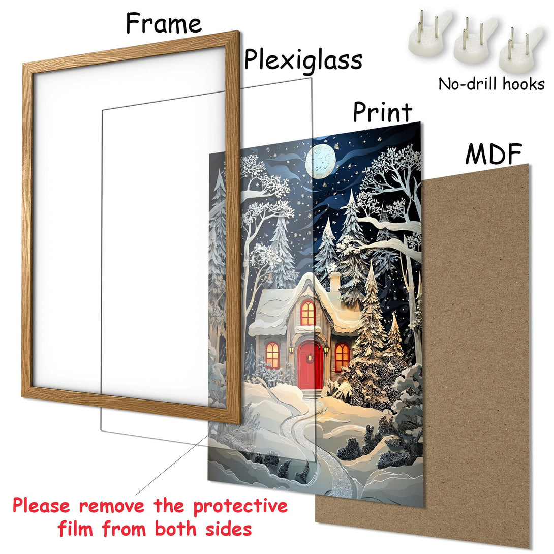 Framed Poster featuring a winter scene with a cozy cabin. Artistic style with a cool blue and white color palette. Perfect wall art!