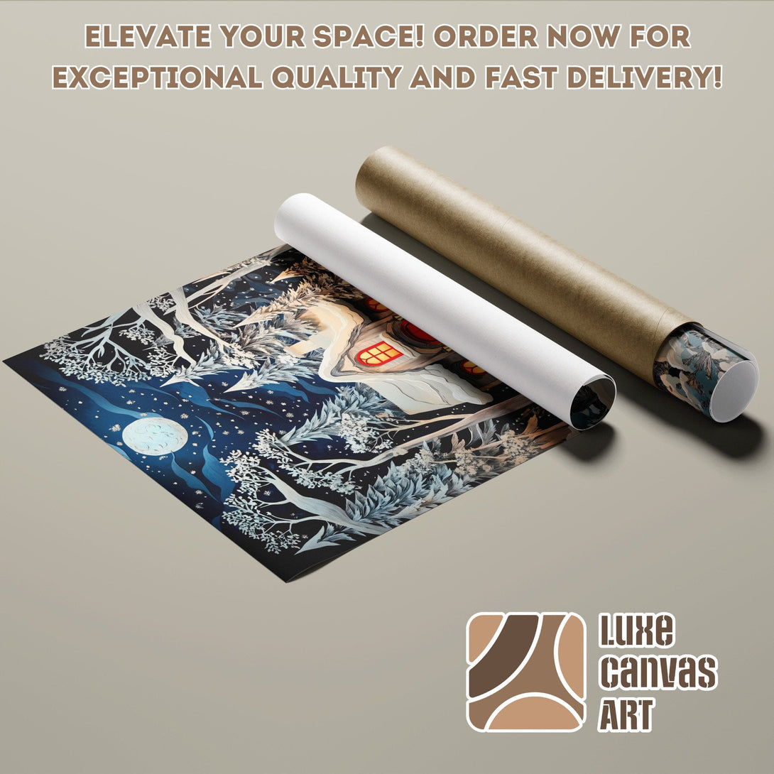 Poster Roll featuring a whimsical winter scene with blue and white tones.