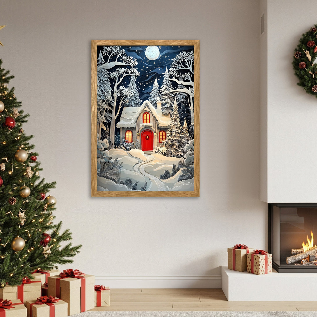 Framed Poster featuring a cozy winter cabin scene. Beautiful art print with a blue, white, and red color palette. Perfect Christmas decor!