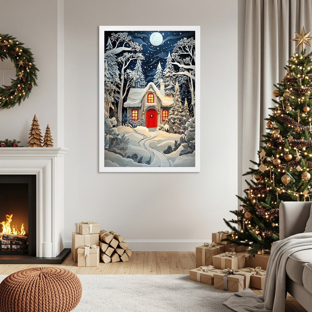 Framed Poster featuring a winter cabin scene in a whimsical style, with a cool blue and white color palette, perfect for Christmas decor.