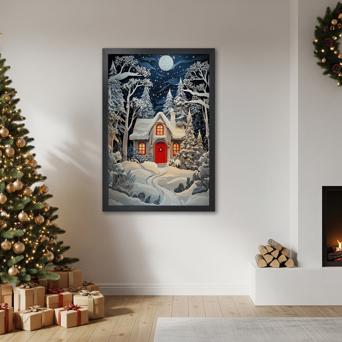 Framed Poster featuring a winter cabin scene in a paper-cut style with a blue and white color palette. Perfect for Christmas decor.