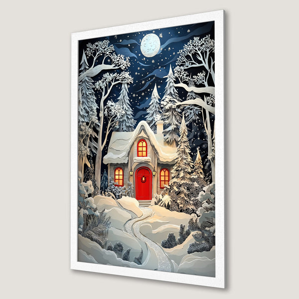 Framed Poster featuring a winter cabin scene in a paper-cut style with a blue, white, and red color palette. Perfect holiday decor!