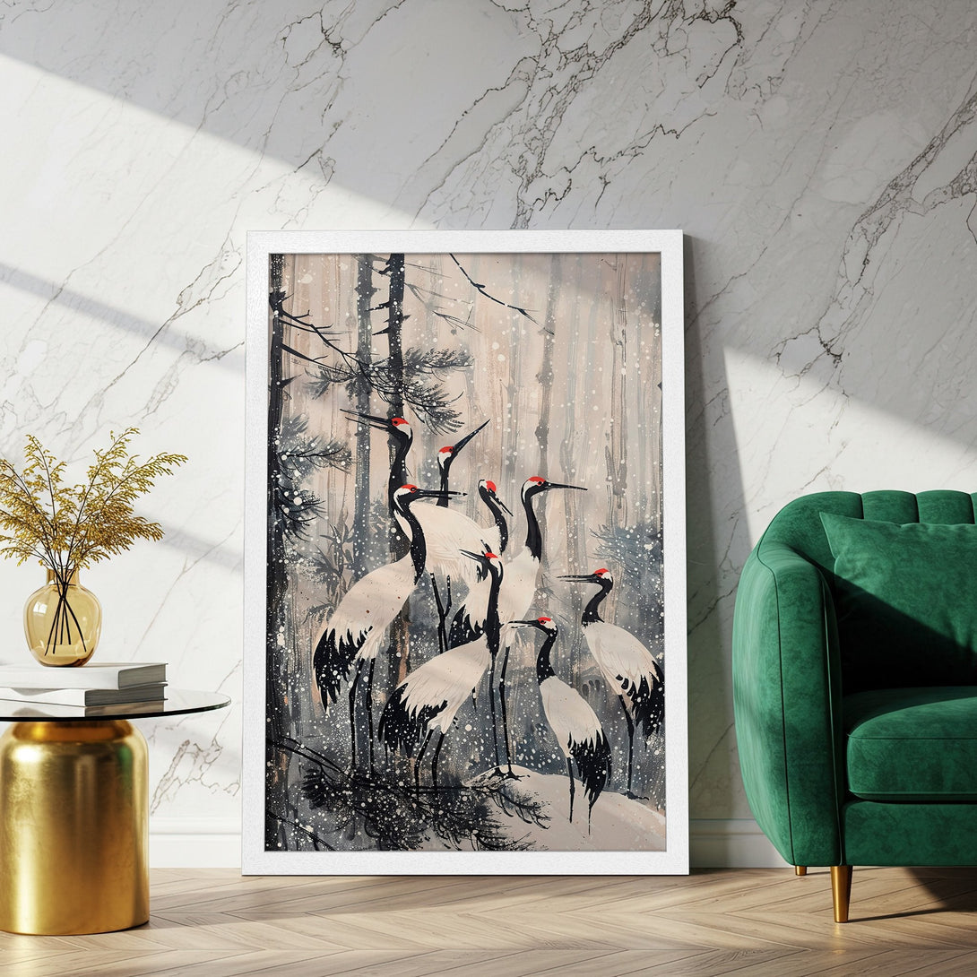 Framed Poster featuring elegant cranes in a serene, minimalist style. Soft neutral tones with pops of red create a calming aesthetic. Perfect wall art!