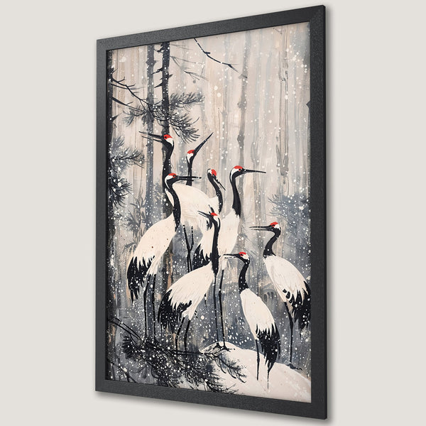 Framed Poster featuring Japanese cranes in a winter forest scene. Elegant, minimalist art with a muted gray and white color palette. Perfect wall decor.