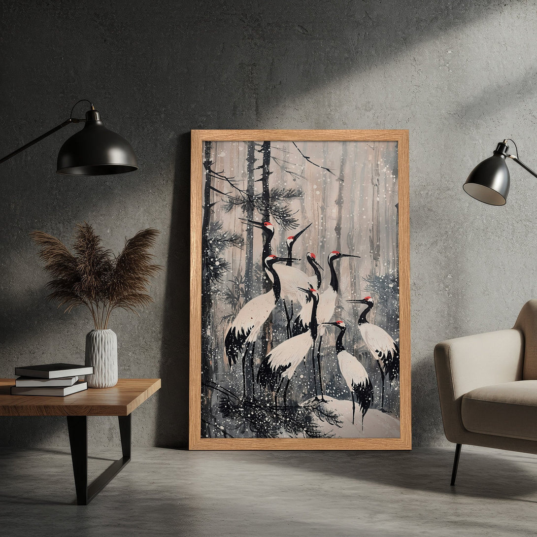 Framed Poster of Japanese Cranes in a snowy forest, minimalist style, with a neutral color palette. Add art to your walls!