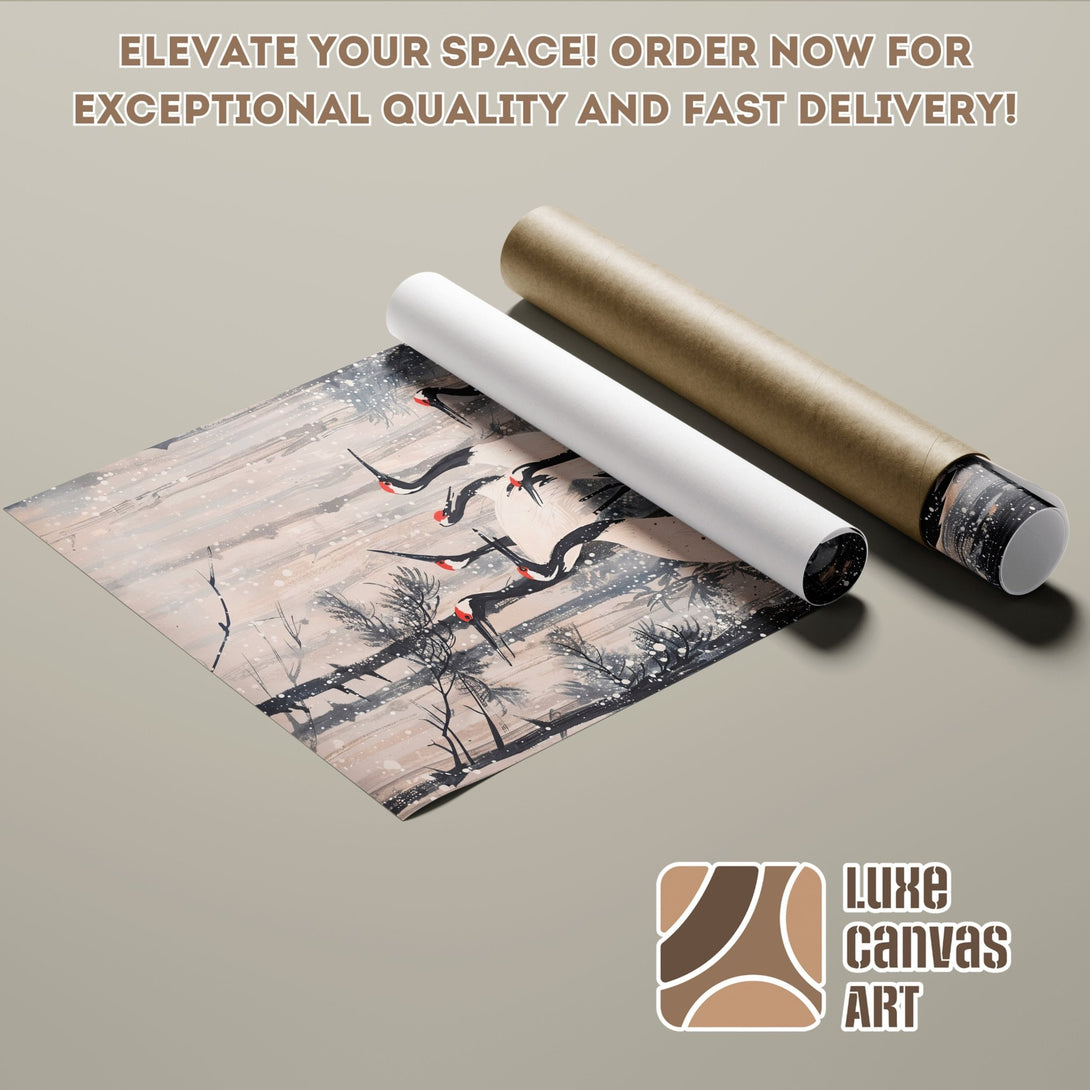 Poster Roll featuring a crane art print. Neutral color palette, minimalist style. Order your art today!