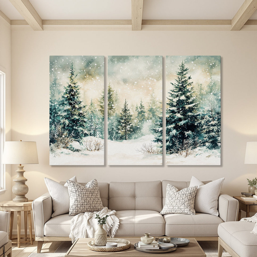 Canvas Print of a winter forest scene in watercolor style, showcasing a teal and beige color palette, perfect for cozy home decor.