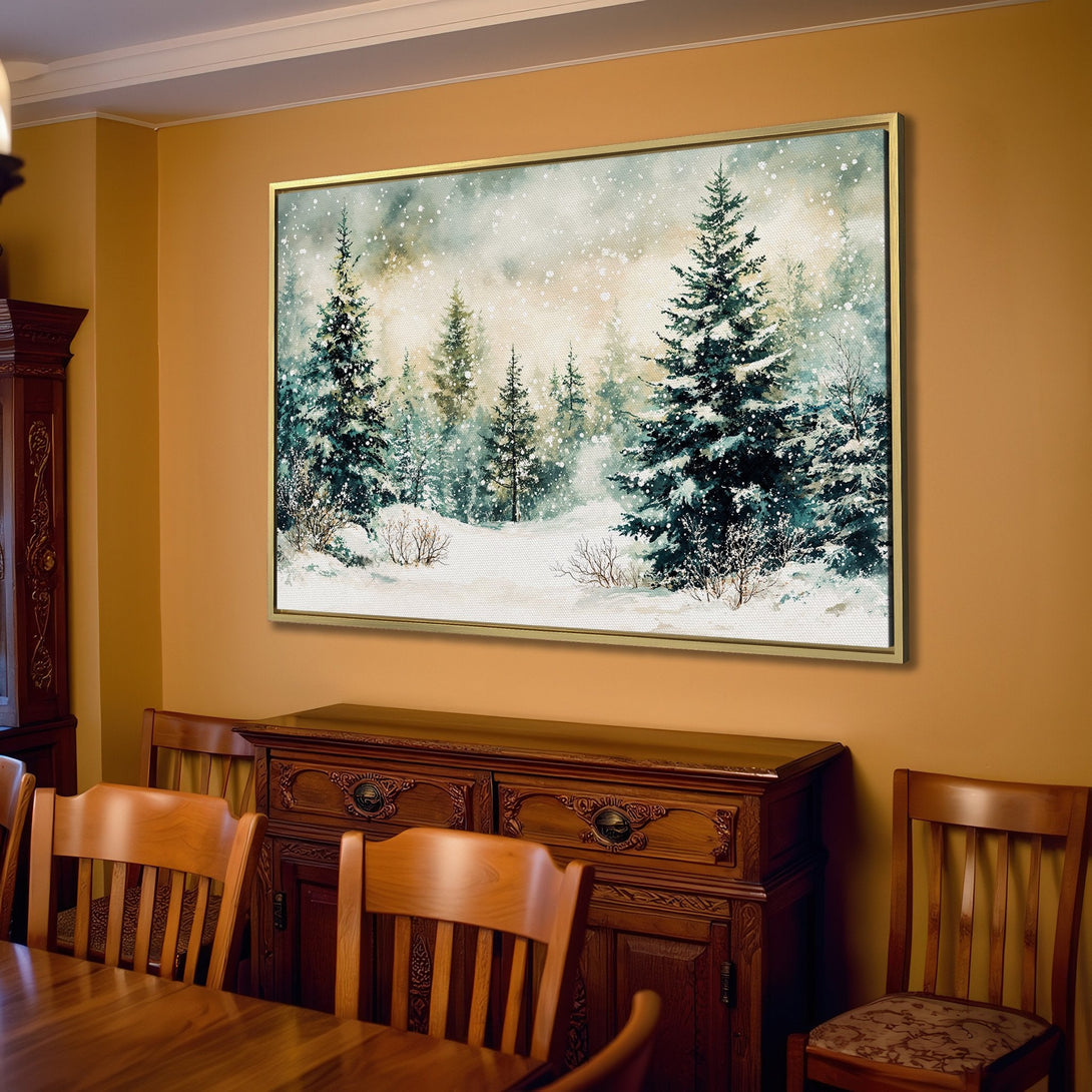 Canvas Print of a winter forest scene in a watercolor style. Features a serene, snowy landscape with a cool, muted color palette.