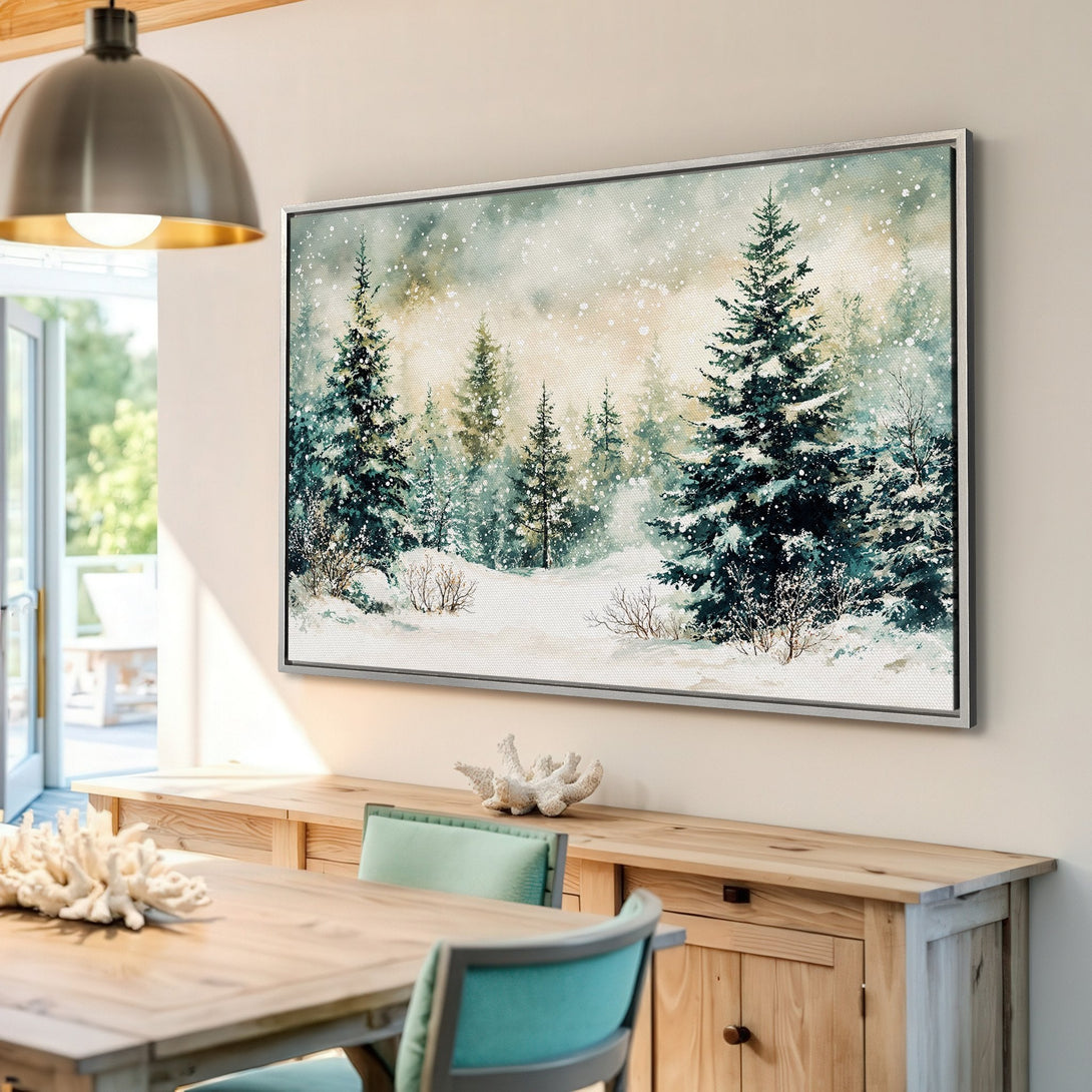 Framed Wall Art: Watercolor winter forest scene with snowy trees. Serene, nature-inspired artwork in teal, white, and beige tones. Perfect for home decor.