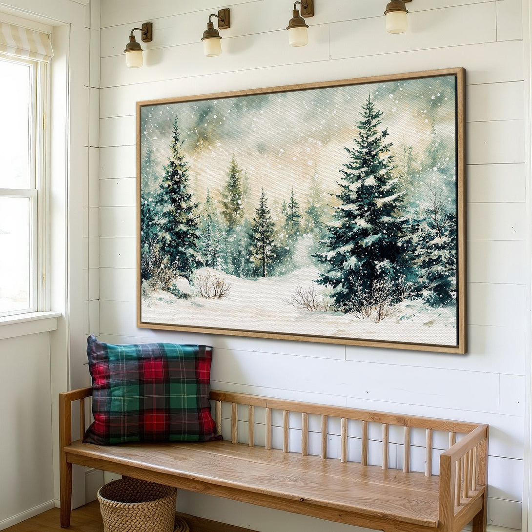 Framed Wall Art: Winter forest scene in watercolor style. Features snowy trees in a teal and beige color palette. Perfect for adding cozy charm to your home!