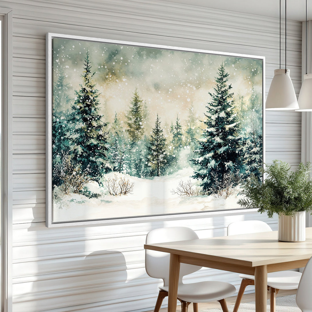 Framed Wall Art of a snowy forest scene in watercolor style. Featuring teal, green, and beige hues. Perfect for adding a touch of nature to your home decor.