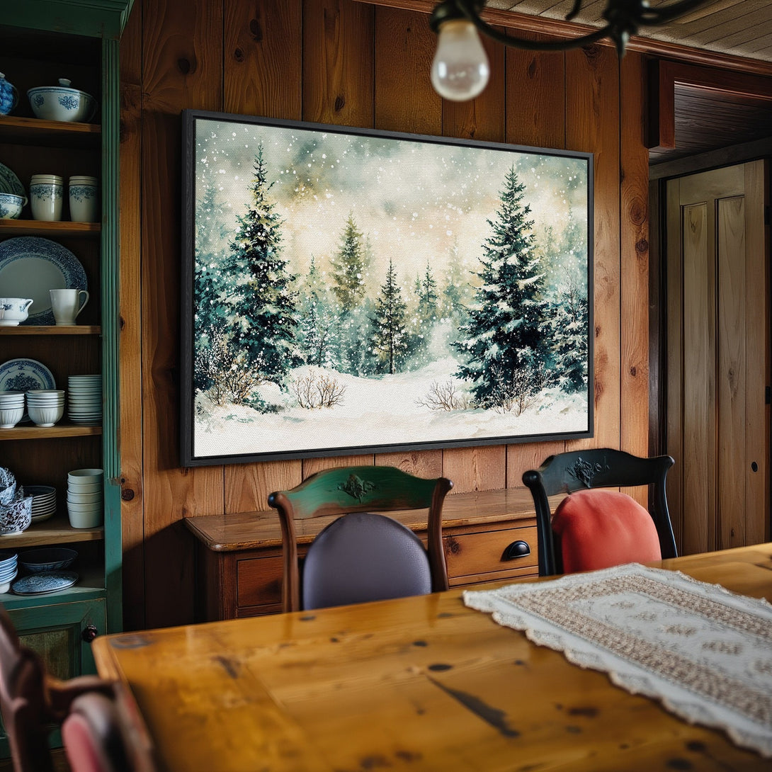 Framed Wall Art: Winter forest scene in watercolor style, featuring evergreen trees and snow. Teal, white, and brown color palette, perfect for cozy interiors.