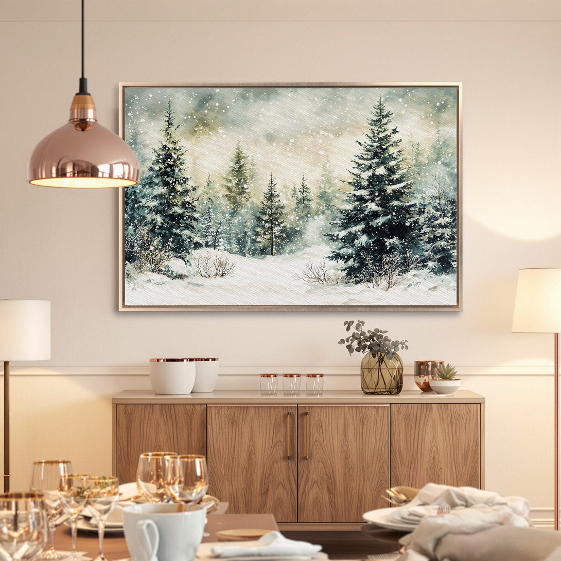Framed Wall Art: Watercolor winter forest scene in cool blues and greens. Add a touch of nature to your space!