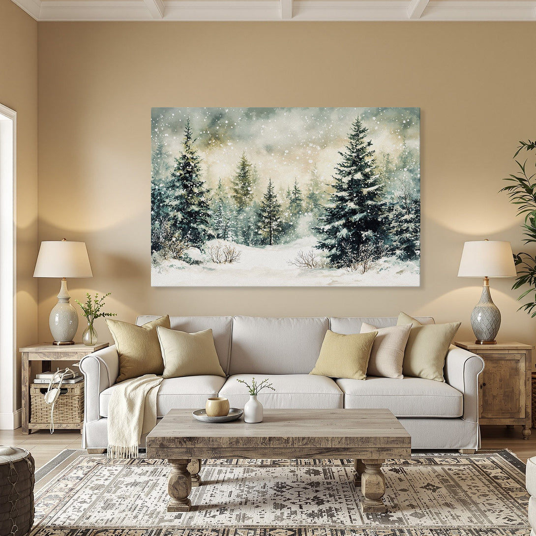 Framed Wall Art: Winter forest scene in watercolor style. Blue, green, and white color palette. Perfect for adding a touch of nature to your home decor.