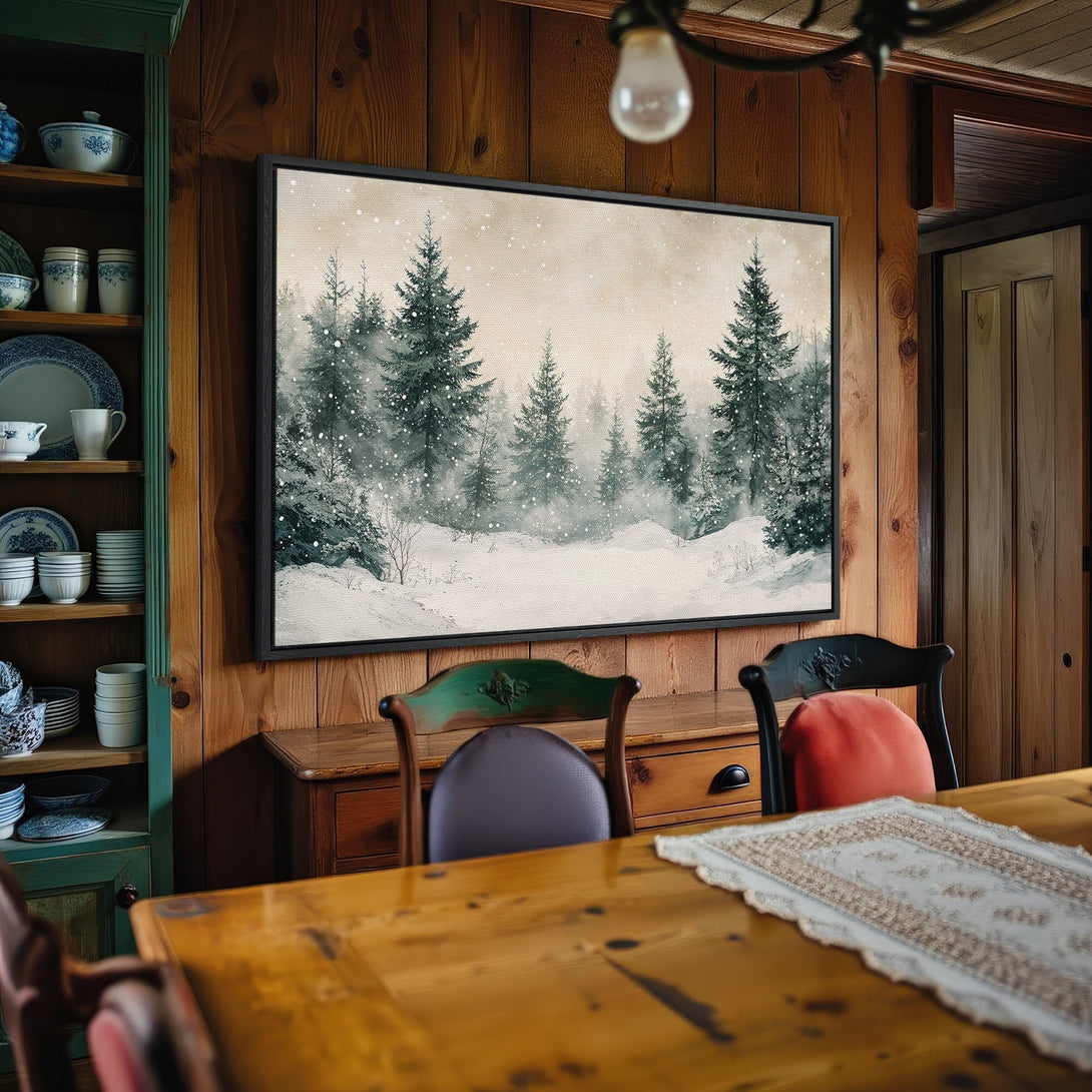 Framed Wall Art: Winter forest scene in muted greens and whites. Rustic style Canvas Print adds cozy charm to any interior. Shop now!