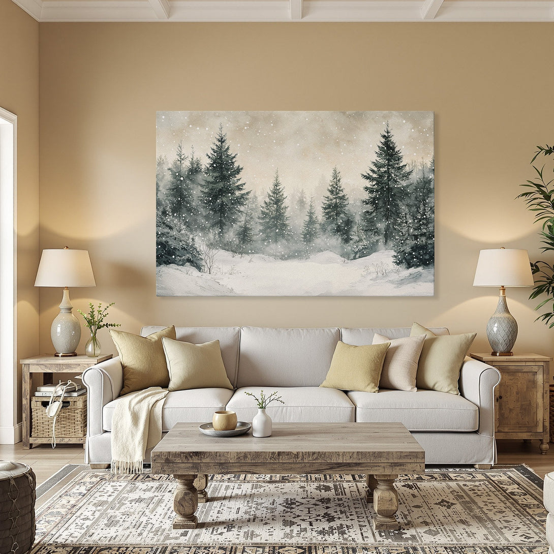Framed Wall Art: Serene winter forest scene in watercolor style. Tranquil blues, greens, and whites create a calming atmosphere. Perfect for home decor.