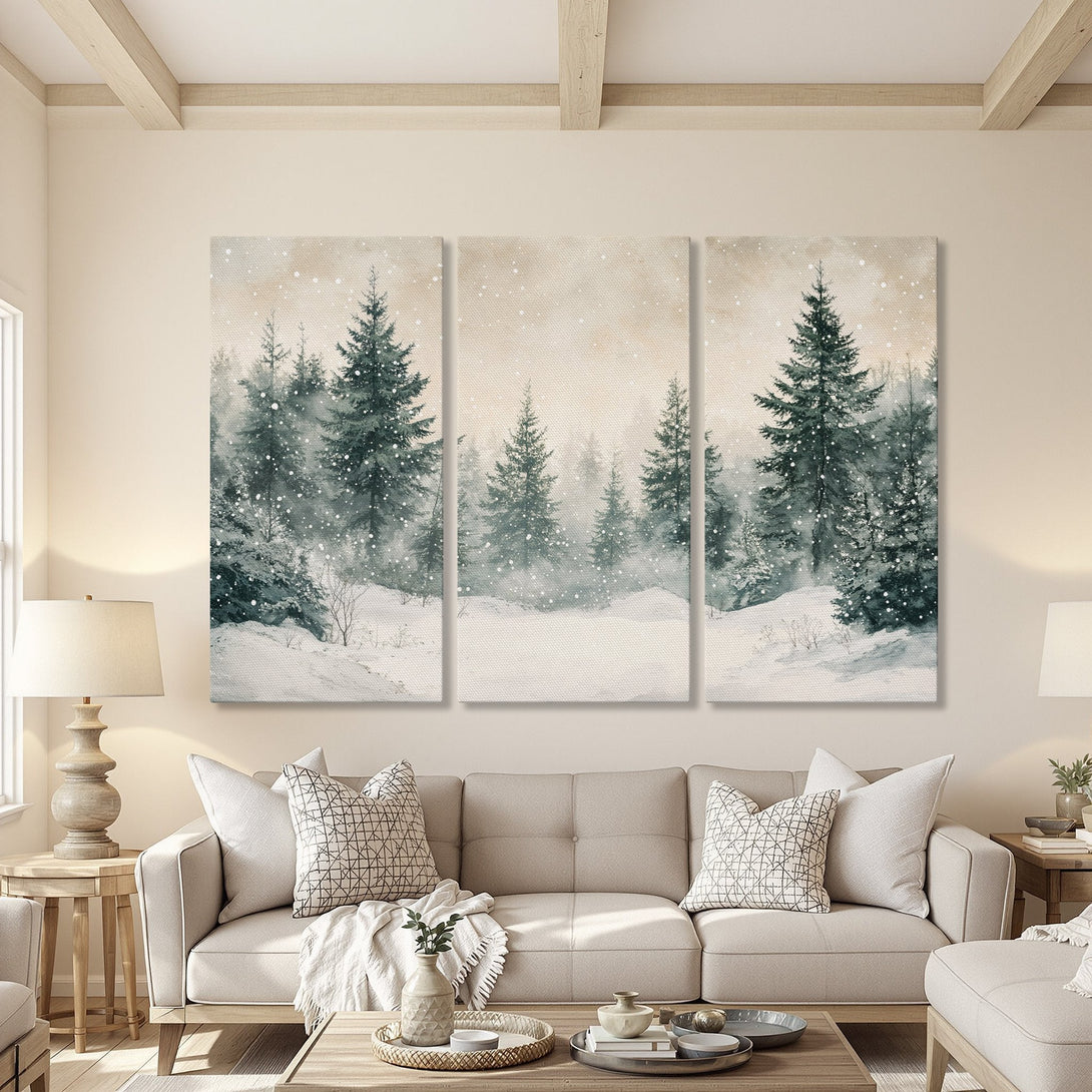 Canvas Print of a winter forest scene in watercolor style. Features a serene, muted color palette of greens, whites, and beige. Adds a touch of nature to any space.
